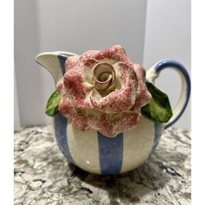 Paper Windows USA Pottery Pitcher White with Blue Stripes Red Rose Flower, 7"